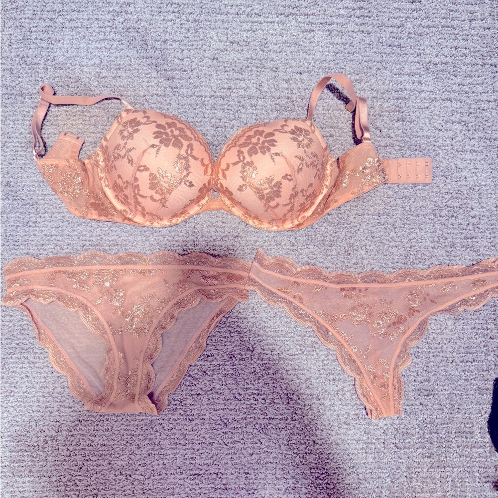 Victorias secret pink lace bra set lot of 3 pink and gold floral rose lace